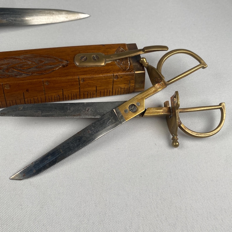 Rare Vintage Knife & Scissors Combo in Carved Wooden Sheath Brass Fittings Letter Opener Ruler Collectible Mid Century