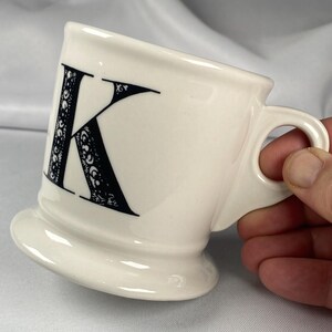 Anthropologie Original Monogram "K" Mug Cream White Large Black Letter Footed Shaving Style Bridge Interior
