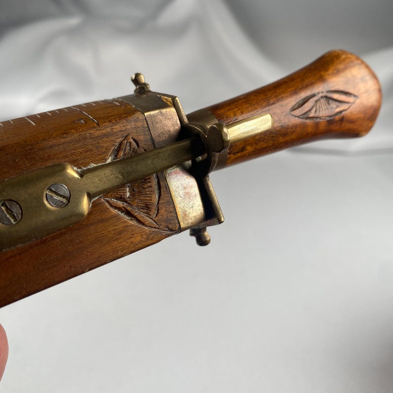 Rare Vintage Knife & Scissors Combo in Carved Wooden Sheath Brass Fittings Letter Opener Ruler Collectible Mid Century