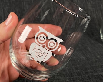 Retro Owl Stemless Wine Glasses - Vintage Barware Set of 4