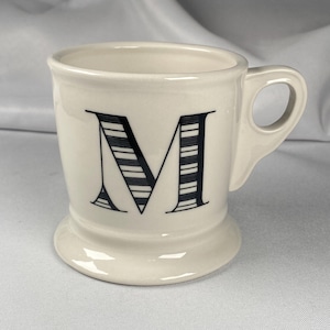 Anthropologie Original Monogram "M" Mug Cream White Large Black Letter Footed Shaving Style Bridge Interior