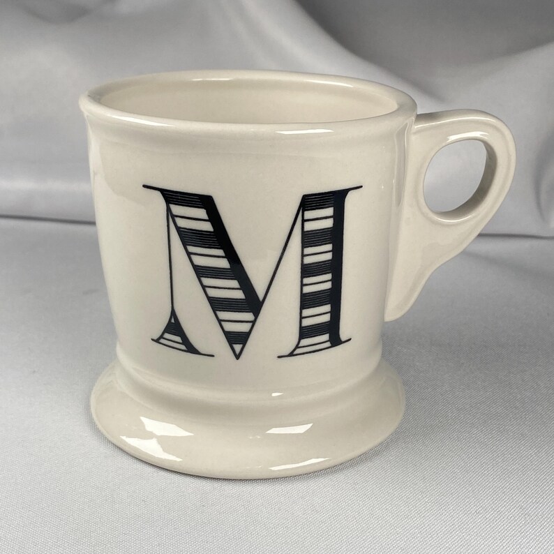 Anthropologie Original Monogram "M" Mug Cream White Large Black Letter Footed Shaving Style Bridge Interior