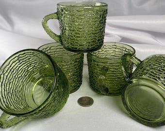 Vintage Anchor Hocking Set of 5 Soreno Avocado Green Coffee Mugs – 7oz MCM