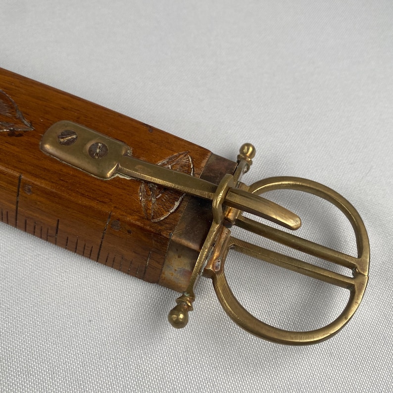 Rare Vintage Knife & Scissors Combo in Carved Wooden Sheath Brass Fittings Letter Opener Ruler Collectible Mid Century