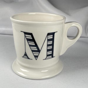 Anthropologie Original Monogram "M" Mug Cream White Large Black Letter Footed Shaving Style Bridge Interior
