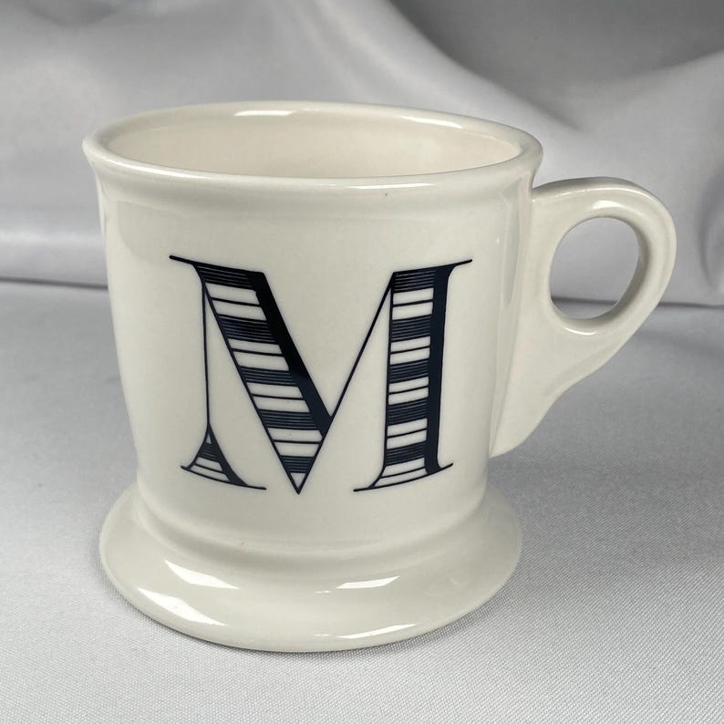 Anthropologie Original Monogram "M" Mug Cream White Large Black Letter Footed Shaving Style Bridge Interior