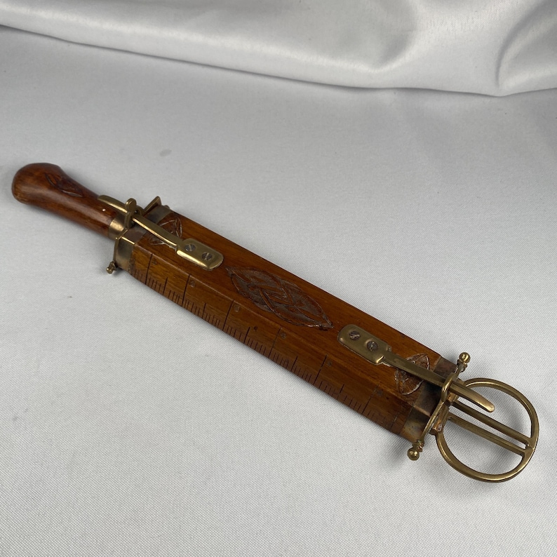 Rare Vintage Knife & Scissors Combo in Carved Wooden Sheath Brass Fittings Letter Opener Ruler Collectible Mid Century