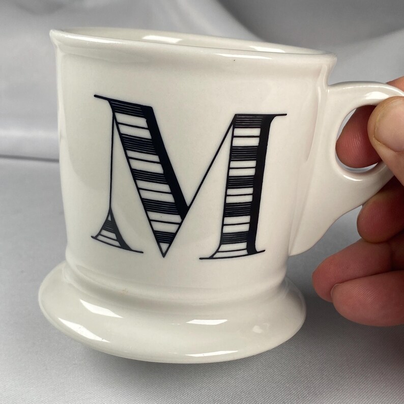 Anthropologie Original Monogram "M" Mug Cream White Large Black Letter Footed Shaving Style Bridge Interior
