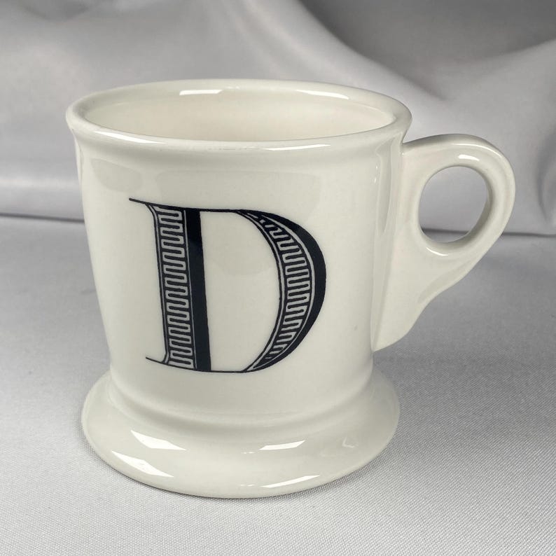Anthropologie Original Monogram "D" Mug Cream White Large Black Letter Footed Shaving Style Bridge Interior