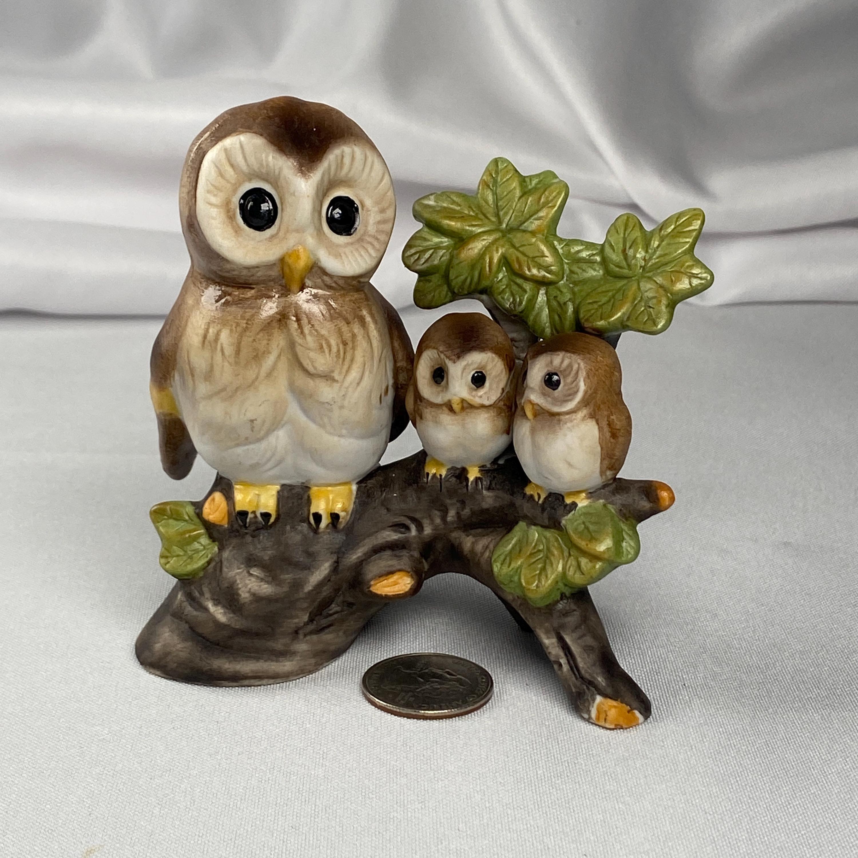 Vintage Korean Ceramic Owl Family Figurine: Hand-Painted Porcelain Collectible