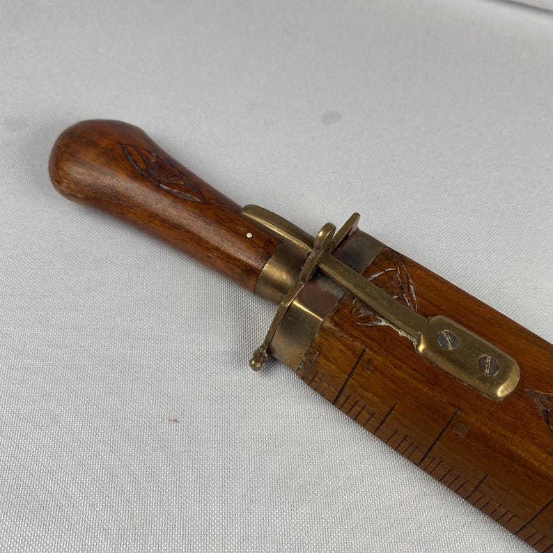 Rare Vintage Knife & Scissors Combo in Carved Wooden Sheath Brass Fittings Letter Opener Ruler Collectible Mid Century