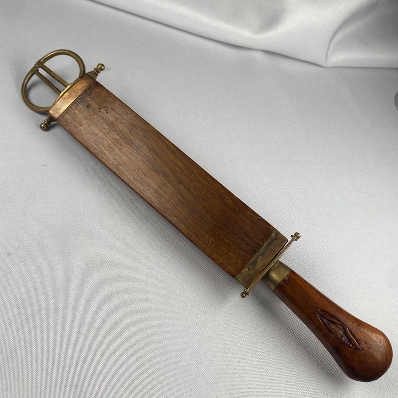 Rare Vintage Knife & Scissors Combo in Carved Wooden Sheath Brass Fittings Letter Opener Ruler Collectible Mid Century