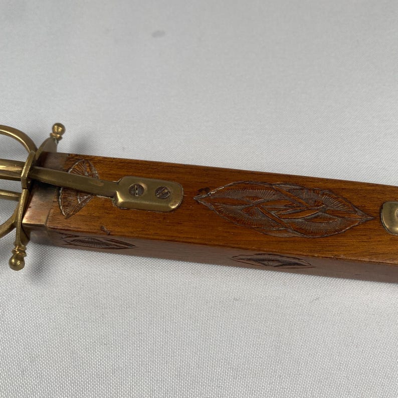 Rare Vintage Knife & Scissors Combo in Carved Wooden Sheath Brass Fittings Letter Opener Ruler Collectible Mid Century