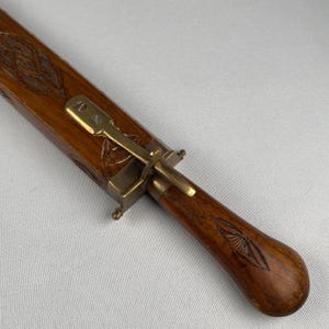 Rare Vintage Knife & Scissors Combo in Carved Wooden Sheath Brass Fittings Letter Opener Ruler Collectible Mid Century