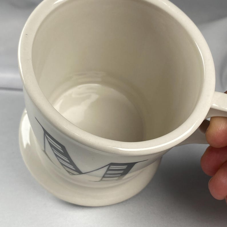 Anthropologie Original Monogram "M" Mug Cream White Large Black Letter Footed Shaving Style Bridge Interior