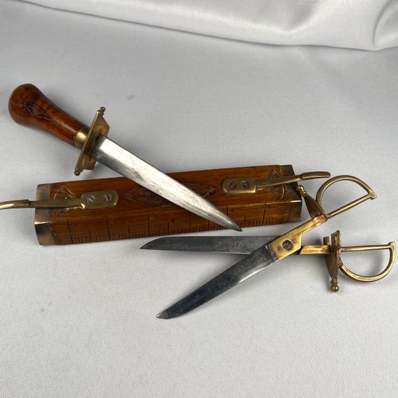 Vintage Letter Opener & Scissors Set: Carved Wood Sheath, Brass Fittings