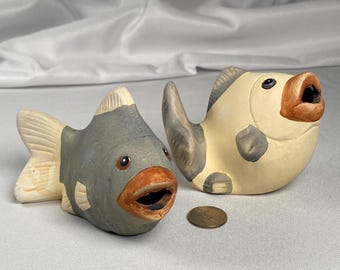 Vintage Folk Art Fish Figurines – Nautical Hand Painted Terracotta Statues