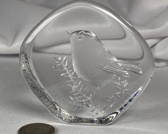 Vintage Mats Jonasson Signed Chickadee Lead Crystal Paperweight – 3.5" Handmade Sweden