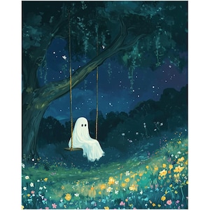 Cute Ghost Swinging Art Print, Halloween Art, Ghost Art, Ghost Painting, Wildflowers, Night Painting, Goth, Home Decor, Spooky