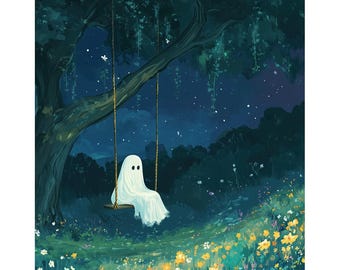 Cute Ghost Swinging Art Print, Halloween Art, Ghost Art, Ghost Painting, Wildflowers, Night Painting, Goth, Home Decor, Spooky