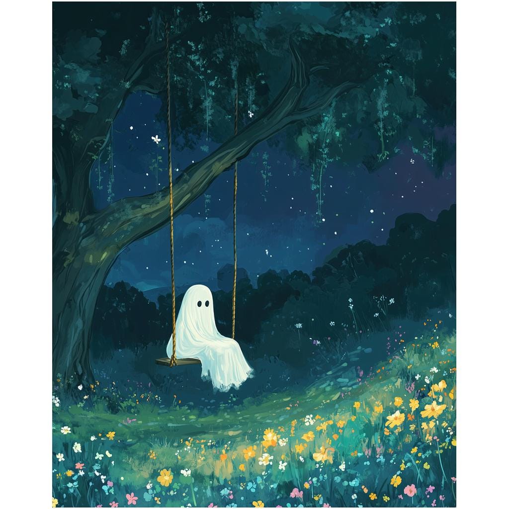 Cute Ghost Swinging Art Print, Halloween Art, Ghost Art, Ghost Painting, Wildflowers, Night Painting, Goth, Home Decor, Spooky