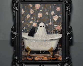 Ghost and Black Cat Art Prints, Cute Ghost, Spooky Art, Goth Decor, Black Cat Art, Goth Art, Halloween, Goth Wall Art, Funny Bathroom Art