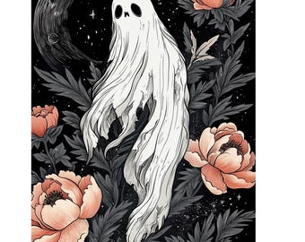 Ghost Among the Flowers, Art Print, Cute Ghost, Spooky Art, Goth Decor, Dark, Goth Art, Peonies, Acrylic Painting, Art Print
