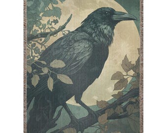 Beautiful Raven Woven Blanket, Wall Hanging, Dark Home Decor, Throw Blanket, Pumpkin, Unique Gift, Goth Art