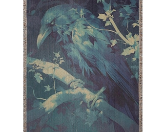 Dark Raven Woven Blanket, Wall Hanging, Dark Home Decor, Throw Blanket, Unique Gift, Goth