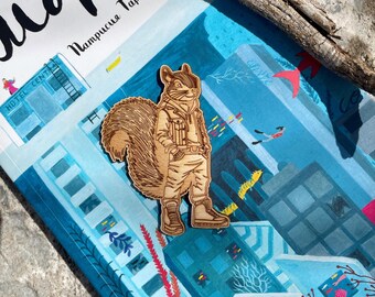 Adventure Squirrel Magnet – Wooden Fridge Magnet, Rustic Cabin Gift, Hiking Souvenir