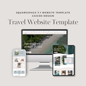 May include: A mockup of a travel website template displayed on a desktop computer, tablet, and smartphone. The website features a tropical beach scene with the text "Your dream trip perfectly planned" and "Your adventure begins here".