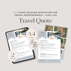 Puede incluir: Dos estilos diferentes de plantillas de presupuesto de viaje en tamaño A4. Las plantillas están diseñadas para profesionales del viaje y presentan un diseño moderno y limpio con un esquema de color azul y blanco. El texto en las plantillas incluye "Presupuesto", "Detalles del paquete" y "Costo total".