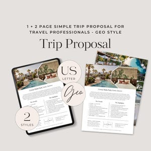 Plantilla editable de propuesta de vacaciones / Cotización de viaje con fotos / Plantilla Canva personalizable moderna / Estilos de página 1 + 2 Carta de EE. UU. - TTC013 GEO