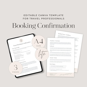 Documento de confirmação de reserva de viagem | Modelo editável | Modelos de agente de viagens estéticos e limpos personalizáveis no Canva | UK A4 LITE - TTC013