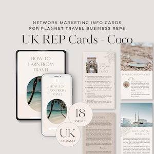 Op de afbeelding: Een set digitale marketing-infokaarten voor reisagenten. De kaarten tonen een tropisch strandbeeld en de tekst "Hoe te verdienen met reizen". De kaarten zijn ontworpen in een Brits formaat en bevatten 18 pagina's met informatie.