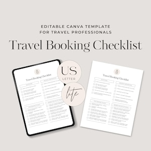 May include: A digital tablet displaying a checklist for travel booking. The checklist includes sections for guest information, booking confirmation, and travel details. The tablet is on a gray background with a white circle that says "US Letter" and another white circle that says "lite".