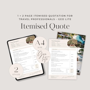 May include: Two different styles of travel quotation templates in A4 size. The templates are designed for travel professionals and are called "Geo Lite". The templates are in a light beige colour scheme with a modern design.