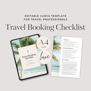 May include: A digital checklist template for travel professionals, featuring a tropical beach background. The checklist includes sections for quotations, booking confirmation, and post-booking.