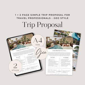 May include: A digital mockup of a travel proposal template in two styles. The template is designed for travel professionals and features a geometric design with a photo of a resort pool. The text on the template reads "Trip Proposal" and "Cretan Malia Park, Crete, Greece".