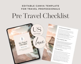 Pre Travel Checklist Editable Template | Vacation Checklist | Trip Organizer Clean Style Canva Template | US Letter Luxe -TTC013