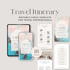 May include: A digital mockup of an 18-page travel itinerary template for Crete, Greece. The template features a watercolor background with a pink and blue color scheme. The text "Travel Itinerary" is displayed in a bold, black font at the top of the page. The template includes sections for trip summary, accommodation, things to do, and more.