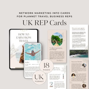 May include: A set of marketing info cards for travel agents. The cards feature a tropical beach scene, a woman swimming in a pool, and text that says "How to Earn From Travel" and "UK Rep Cards".