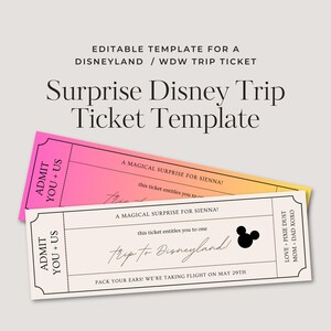 Plantilla de boleto de viaje sorpresa de DL / Regalo de viaje / Vale de viaje digital editable e imprimible / Viaje de WDW / Certificado de regalo