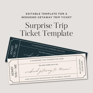 Plantilla de boleto de viaje sorpresa / Regalo de San Valentín / Vale de viaje digital editable e imprimible / Escapada de fin de semana / Certificado de regalo
