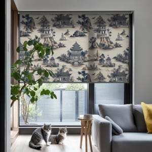 Oriental Landscape roller shades – Elegant Asian-Inspired Scene with Pagodas and Mountains