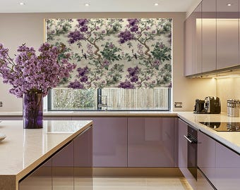 Estor enrollable vintage con diseño floral de árbol – Cortinas elegantes en tonos morado y verde