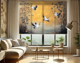 Estor enrollable de grulla dorada y bambú – Cortina de ventana estilo chinoiserie vintage
