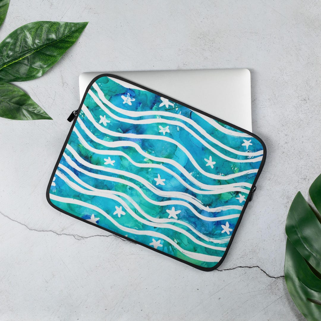 Starfish and Wavy Stripes Laptop Sleeve – Coastal Watercolor Art, Ocean ...