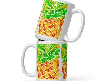 Pineapple Ink Art Coffee Mug: Glossy White Ceramic, Tropical Design (15 oz)