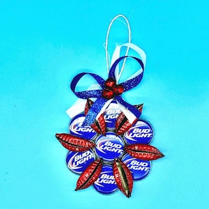 Upcycled Bud Light Beer Bottle Cap Christmas Ornament Rustic Beer Decor Beer Lover&#39;s Gift Idea Handmade Holiday Tree Decoration